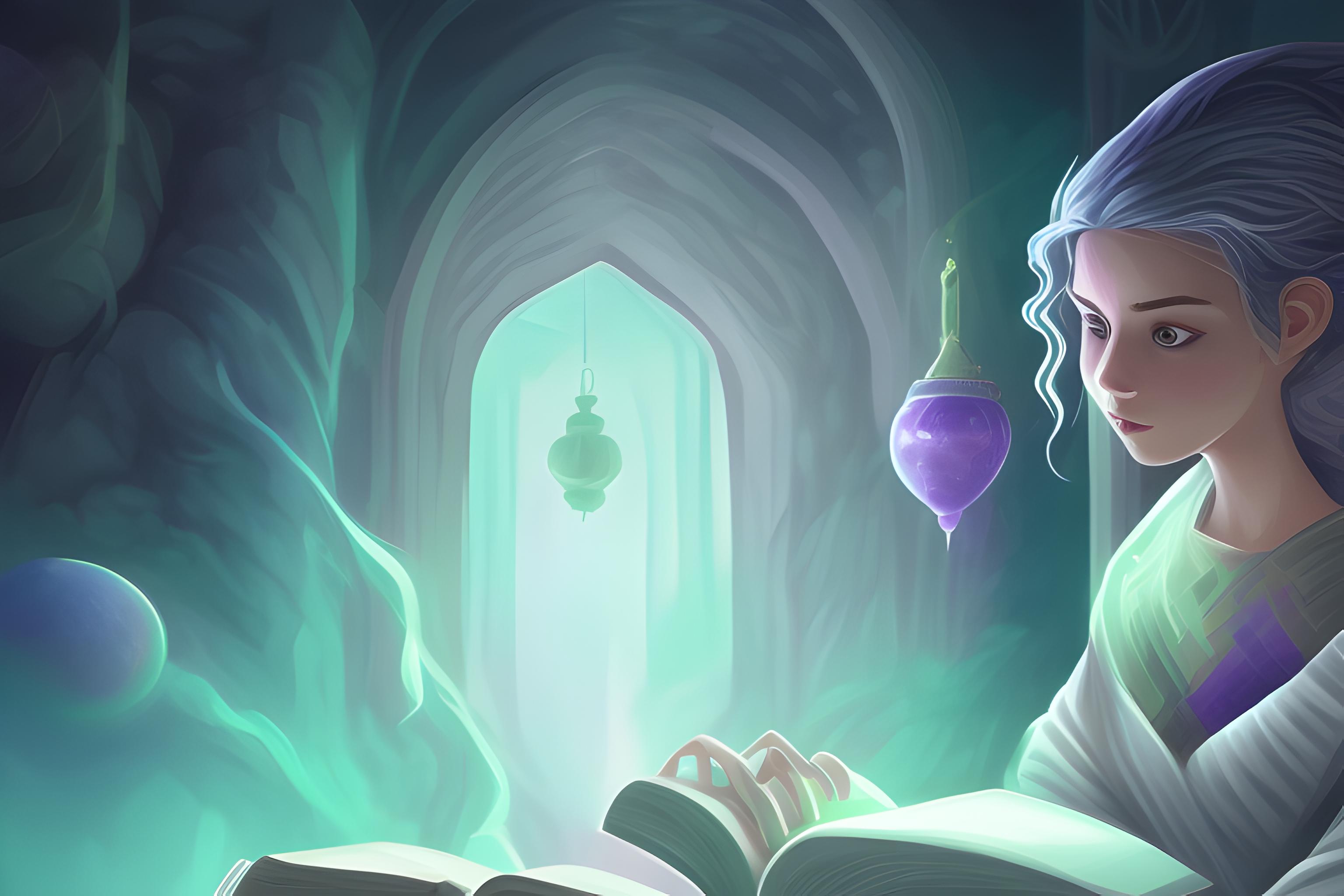 uma maga e um mago sentados manifestando de um livro magia de luz chama violeta e chama dourada